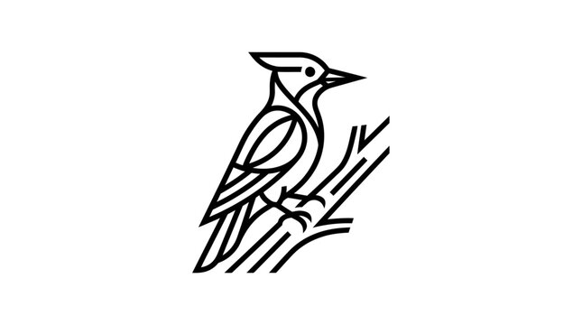 Minimalist Woodpecker Icon on Tree Branch, Vector Line Art