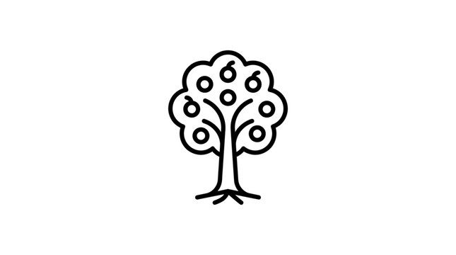 Minimalist Tree Icon with Fruits, Simple Line Art, Vector Illustration