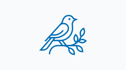 Obraz premium Minimalist Blue Bird Icon Sitting on a Branch with Leaves