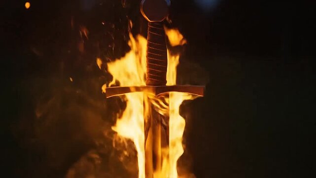 A sharp metal sword stands upright engulfed in bright orange flames