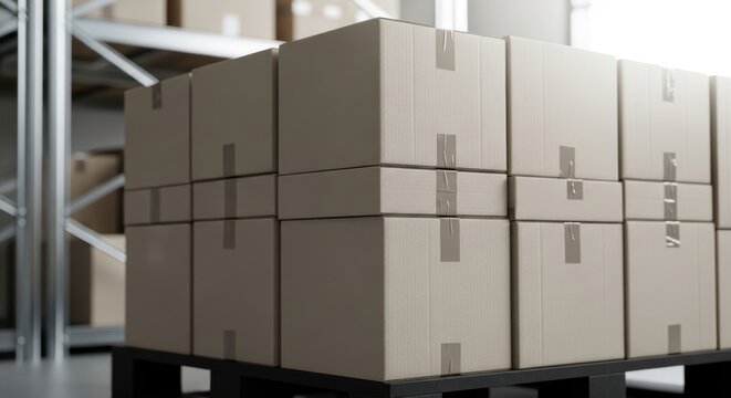 cardboard boxes stacked on pallet in warehouse storage facility with shelves
