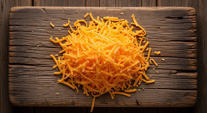 Aged rustic timber board holding heap of shredded sharp orange cheddar cheese shot from a low perspective view providing ample copy space for culinary text and food advertisement design.