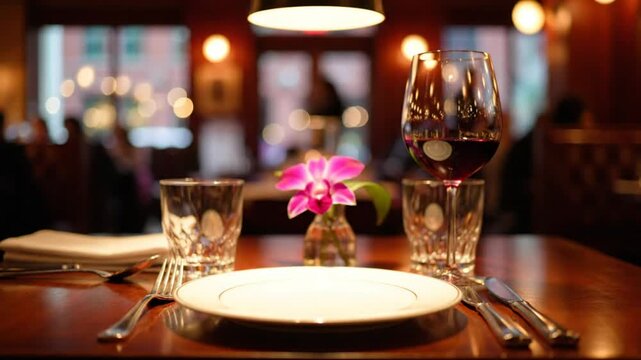Elegant Restaurant Table Setting with Red Wine and Pink Orchid Centerpiece, Soft Lighting Creating a Romantic Ambiance