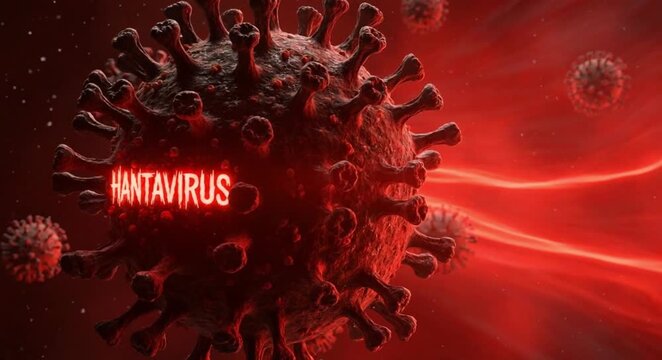 Microscopic 3d render of hantavirus particles floating in an ominous dark red medical background.