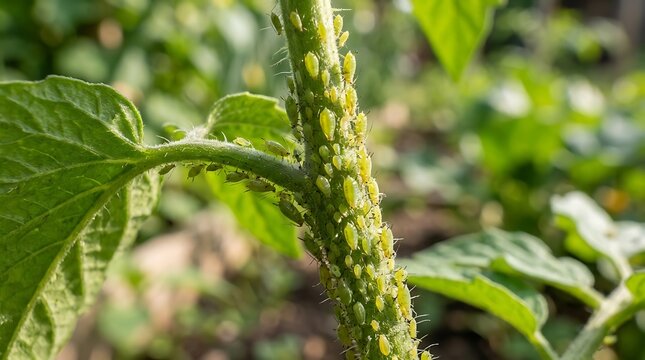 Macro view of a plant stem heavily infested with green aphids, illustrating common garden pest challenges and plant damage