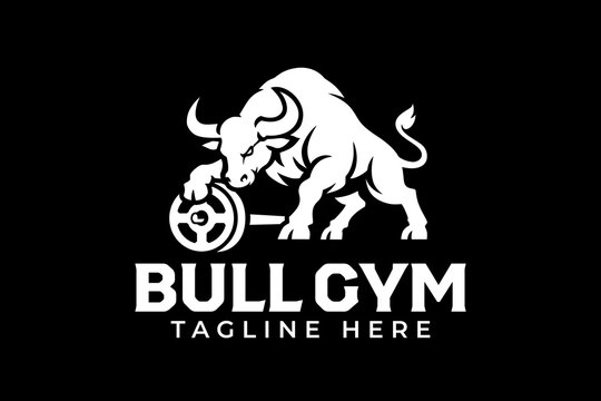 Bull with weight plate modern logo design for gym and fitness. Ox wild animal with barbell mascot illustration logo for workout and lifting. Taurine with barbell plate logo design for bodybuilder