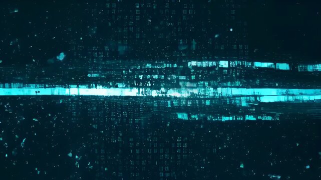 Abstract digital line virus hack music technology data stream network security background with glowing blue grid pattern and particle cloud for cyber concept