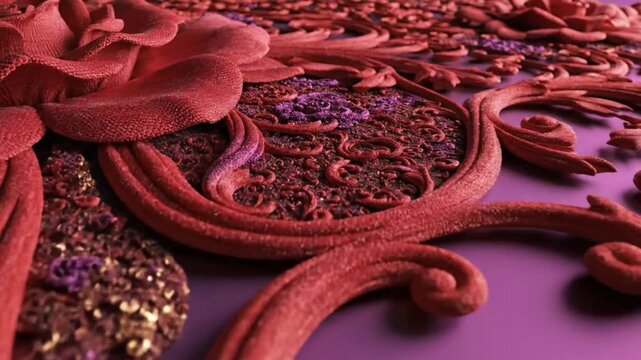 Detailed close-up of intricate red floral pattern with ornamental curls and purple details, textured surface