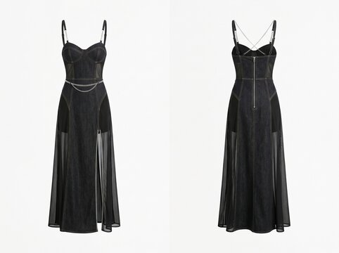Front and back view of a stylish black gothic-inspired maxi dress with spaghetti straps, a bustier top, waist chain detail, and a sheer, split skirt.