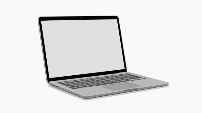 Sleek Laptop with Blank Screen: A modern, silver laptop rests open, showcasing a blank, white screen, perfect for displaying custom content or designs.