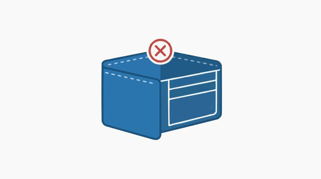 Empty Wallet with Red Cross Icon: An open, empty blue wallet sits on a plain surface, with a red circle and cross symbol hovering above it, indicating a lack of funds or a denied transaction.