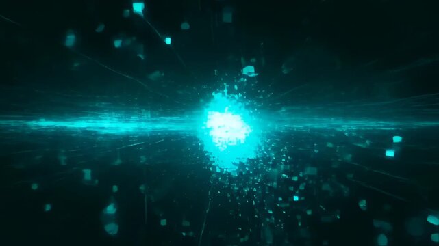 Abstract digital particle cloud with cyan light and dark space, futuristic motion effect, digital line technology music virus hack data stream, glowing line of technology fights virus and hack