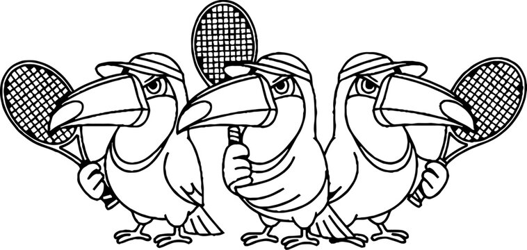 Three toucan tennis players holding rackets and wearing visors