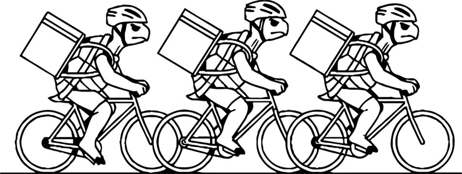 Three determined turtles riding bicycles as delivery couriers