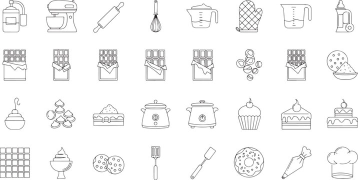Collection of black and white line baking and cooking kitchen food 1 dessert