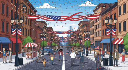 USA street celebration with confetti and flags, cartoon style © bot