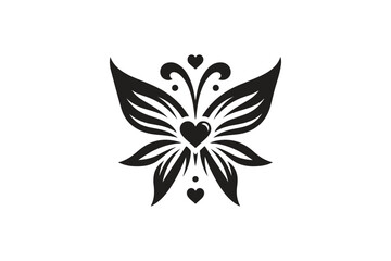 Black butterfly silhouette with heart shaped wings on white background © Mofassal