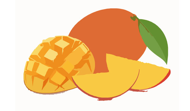 Minimal flat style mango fruit illustration with cut slices and leaf vector design isolated on white background tropical concept