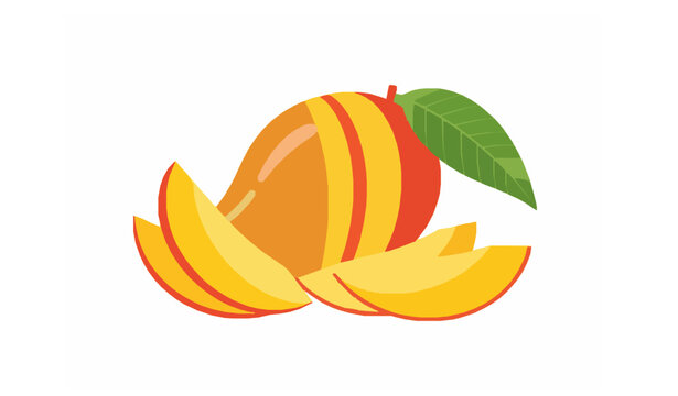 Realistic vector mango fruit with sliced pieces and green leaf isolated on white background tropical food illustration