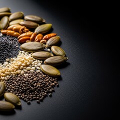 Obraz premium Close-up macro view of diverse organic seeds arranged on a dark surface, illuminated by harsh side lighting creating deep, dramatic shadows, potential, plant, protein