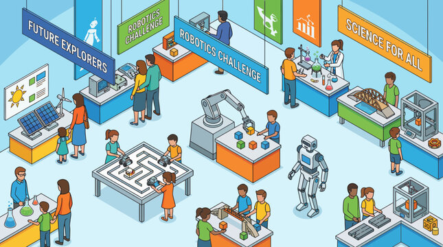 Children participate in a science festival event with robots and experiments.