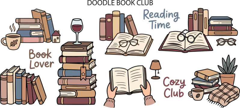 Book Club Reading Lifestyle, Reading Books and Coffee, Doodle Cartoon Illustration