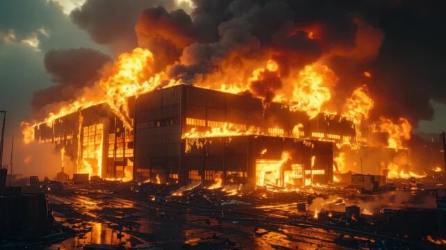 Massive industrial warehouse engulfed in intense flames and thick smoke under a dramatic sky