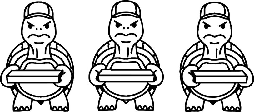 Three tough turtles presenting pizza delivery boxes