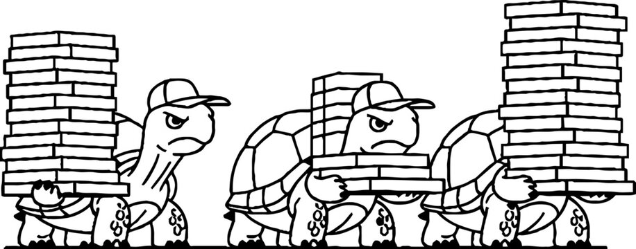 Overloaded turtle couriers carrying tall stacks of pizza boxes