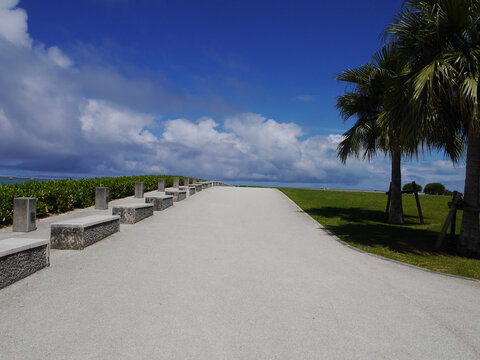 Tropical promenade with stone benches and palm tree 
leading to ocean, Senaga Island, Tomigusuku, Okinawa, Japan