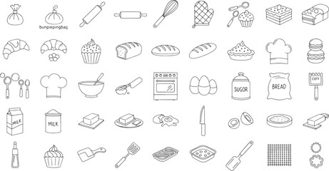 Naklejka premium Baking icons including utensils and ingredients for cooking and baking activities at home baking tools and food items