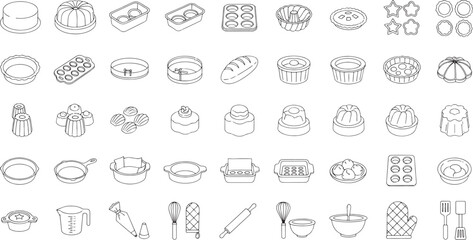 Fototapeta premium Collection of black line icons of baking tools and desserts on white background