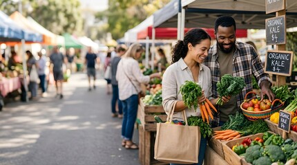 Obraz premium Happy couple buying fresh vegetables and kale at an outdoor farmers market