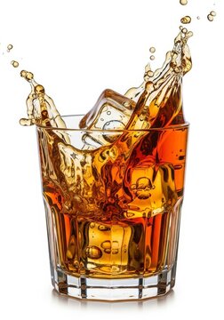 A crisp amber liquid flows into a crystal cocktail glass set against a minimalist white background, featuring dynamic splashes and ice, appetizer, social, motion