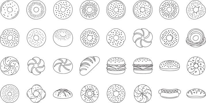 Assorted bakery items and fast food illustrations including donuts bagels croissants bread rolls burgers and hotdogs on white background