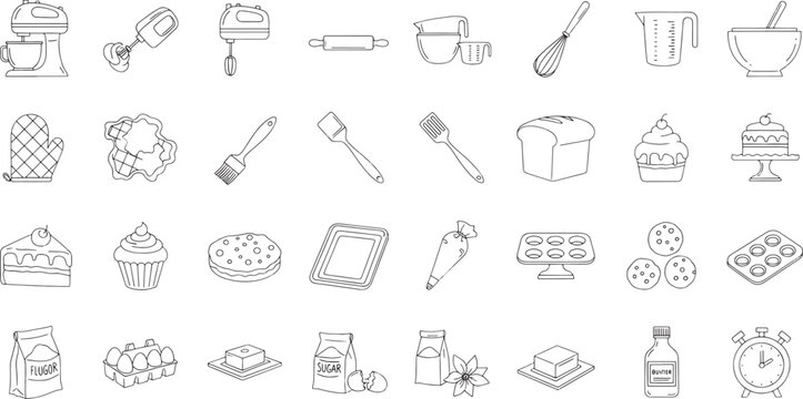 Baking icons including mixers and utensils for cooking cakes and cookies  baking tools and ingredients for making desserts and bread