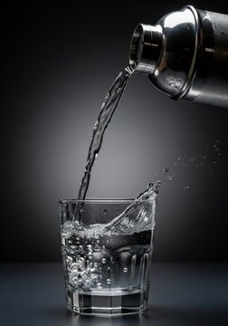 A crystal clear liquid flows gracefully from a metal shaker into a sophisticated glass, creating elegant splashes against a dark backdrop, stream, event, liquid