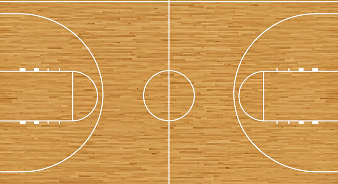 Polished maple hardwood basketball court floor viewed from a high overhead perspective showcasing the natural timber grain pattern and athletic arena wooden surface texture for sports play.