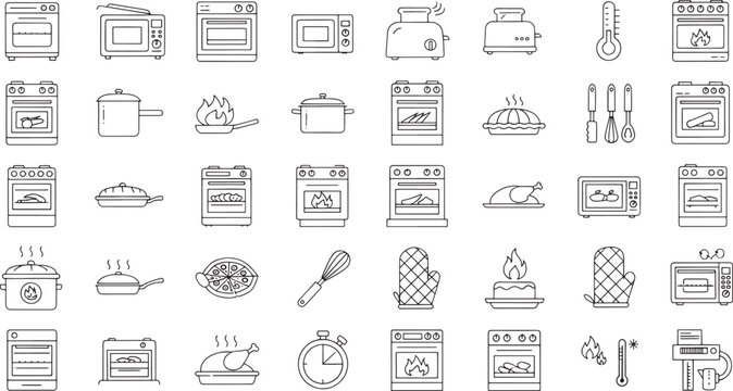 Collection of kitchen utensils and appliances line icons  oven  stove  toaster  microwave  cooking tools