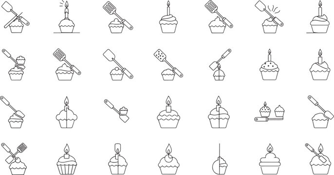 Line drawing of various cupcakes with candles and spatulas for baking and decorating  baking icons