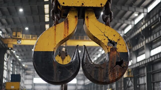 Industrial Crane Hook Close Up Showing Rust Damage and Chains in a Large Factory Interior