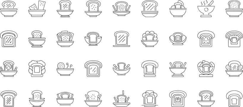 Line drawn icons of various types of bread and kitchen utensils in bowls and toasters on white background