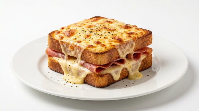 French croque monsieur sandwich on white background