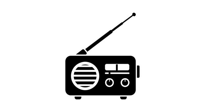 Radio receiver icon displays a classic communication device featuring an antenna and tuning knobs for vintage broadcasting and wireless signal transmission.