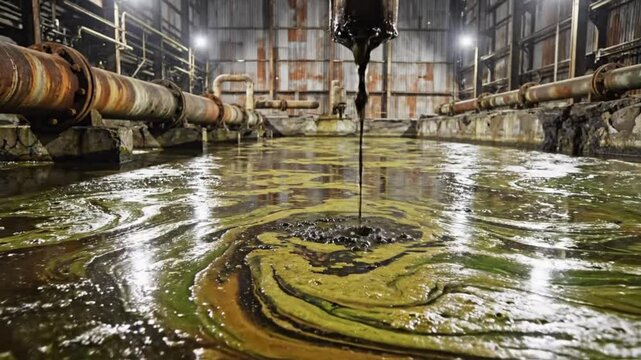 Industrial wastewater discharge dripping from pipe into contaminated fluid with green swirling patterns inside a derelict building
