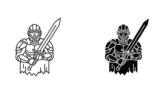 Armored fantasy warrior holding a broadsword in a detailed icon style for gaming and adventure branding materials