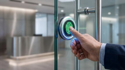 Obraz premium Close Up of Businessman Using Biometric Fingerprint Scanner Access System