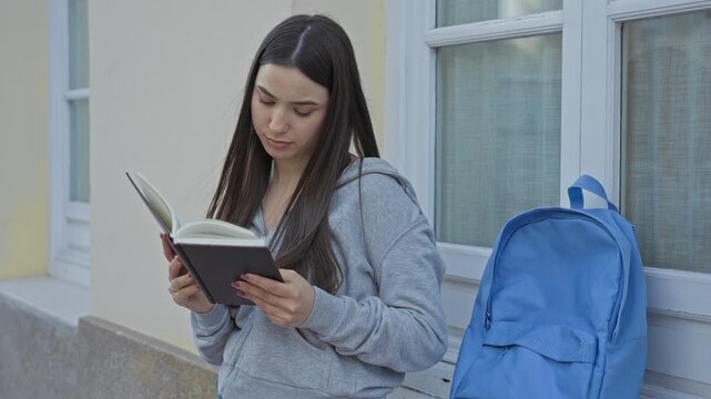 Young woman holds book with both hands and reads by a building window with a blue backpack at her side in daylight; contemplation.
