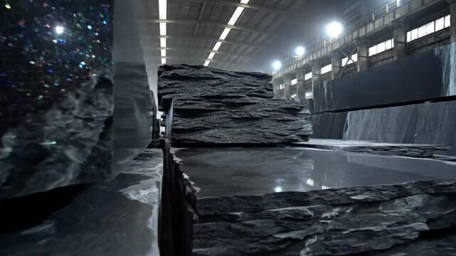 Industrial warehouse storing large slabs of polished black granite and stone in a well-lit production environment