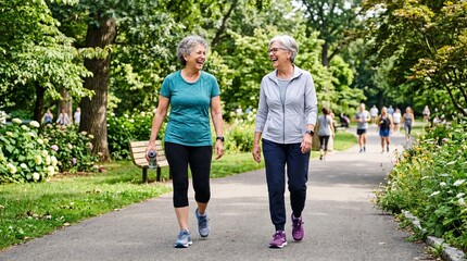 Fototapeta premium Two happy senior women friends walking and laughing in a park on a sunny day